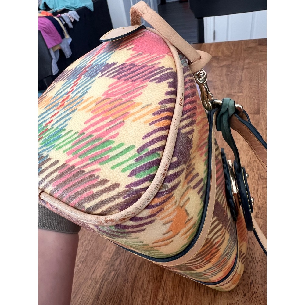 Dooney & Bourke Plaid Coated Canvas Barrel Bag Multicolor Scalloped Trim Satchel - Picture 10 of 16